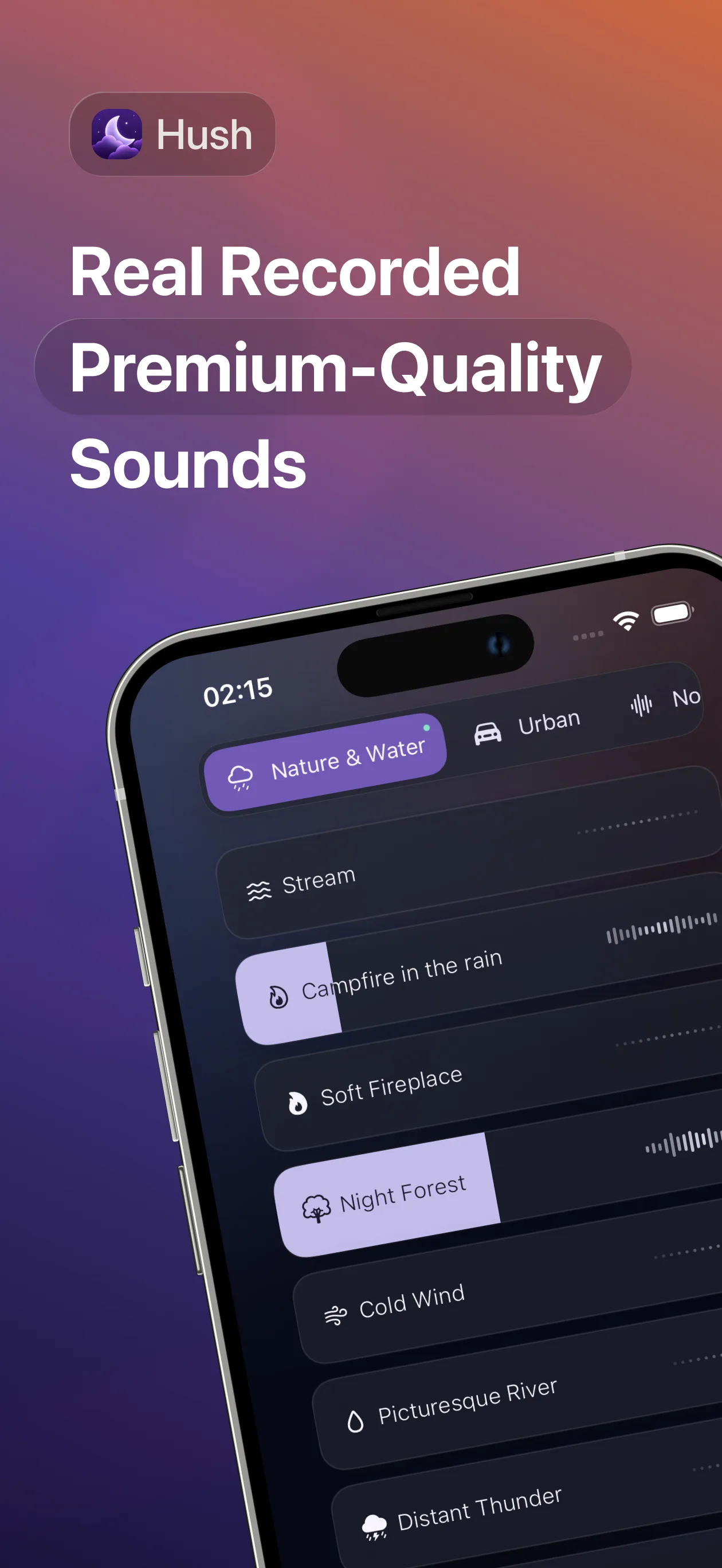 Hush app preview with premium sleep sounds