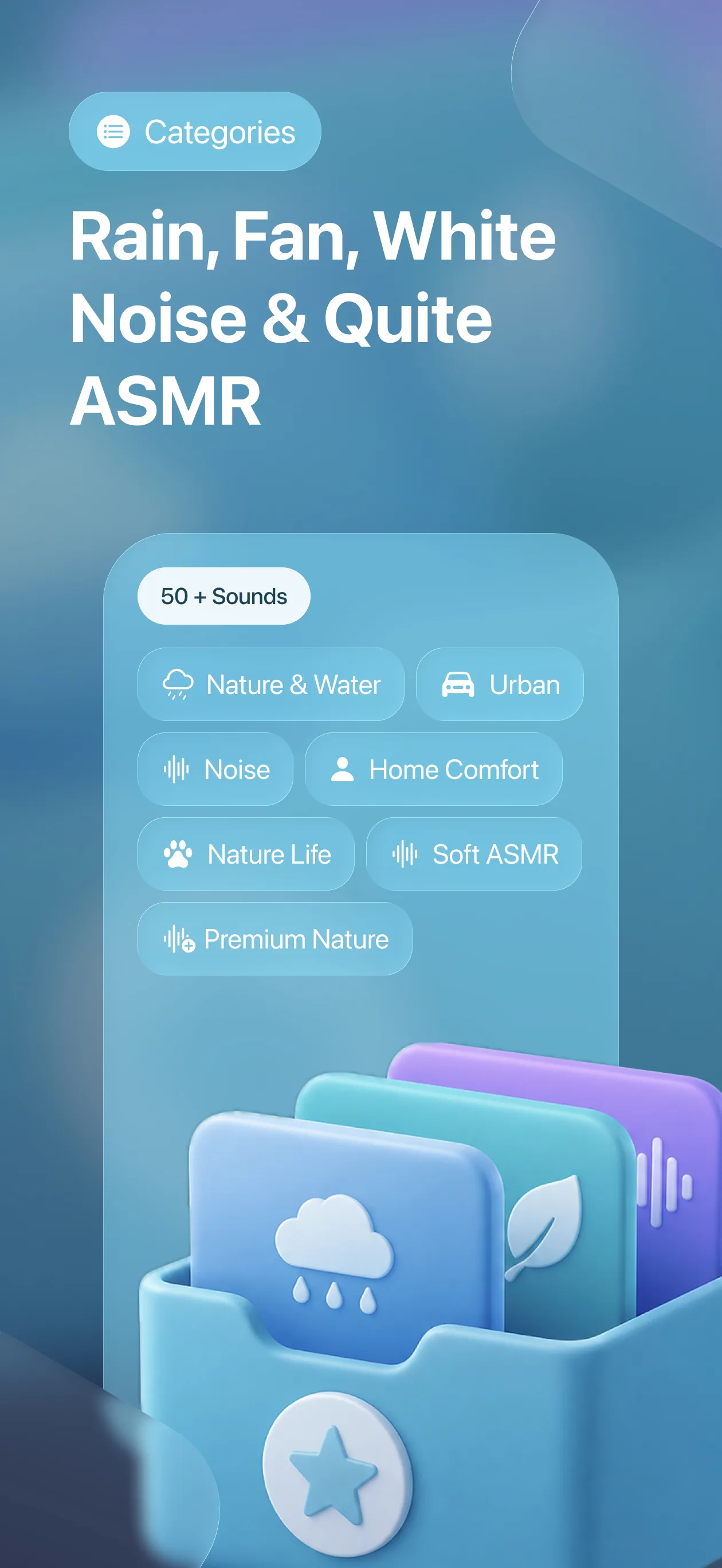 Hush categories screen with rain, fan, and white noise options