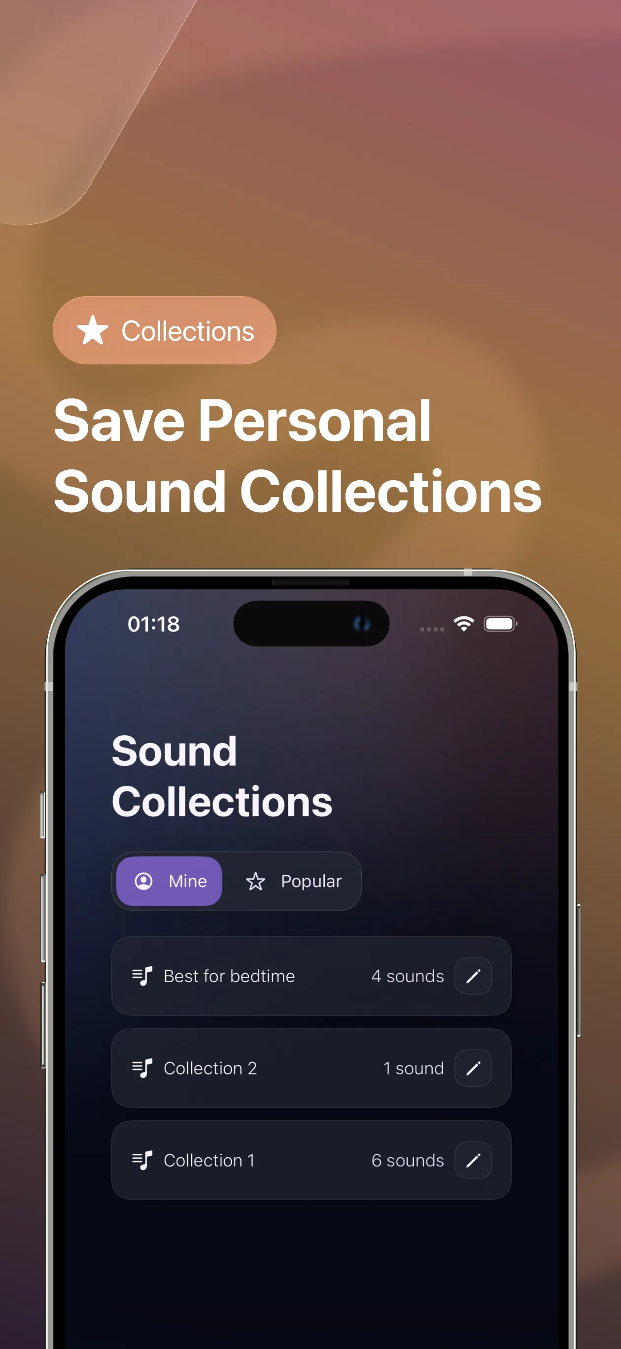 Hush saved collections screen with custom sound sets