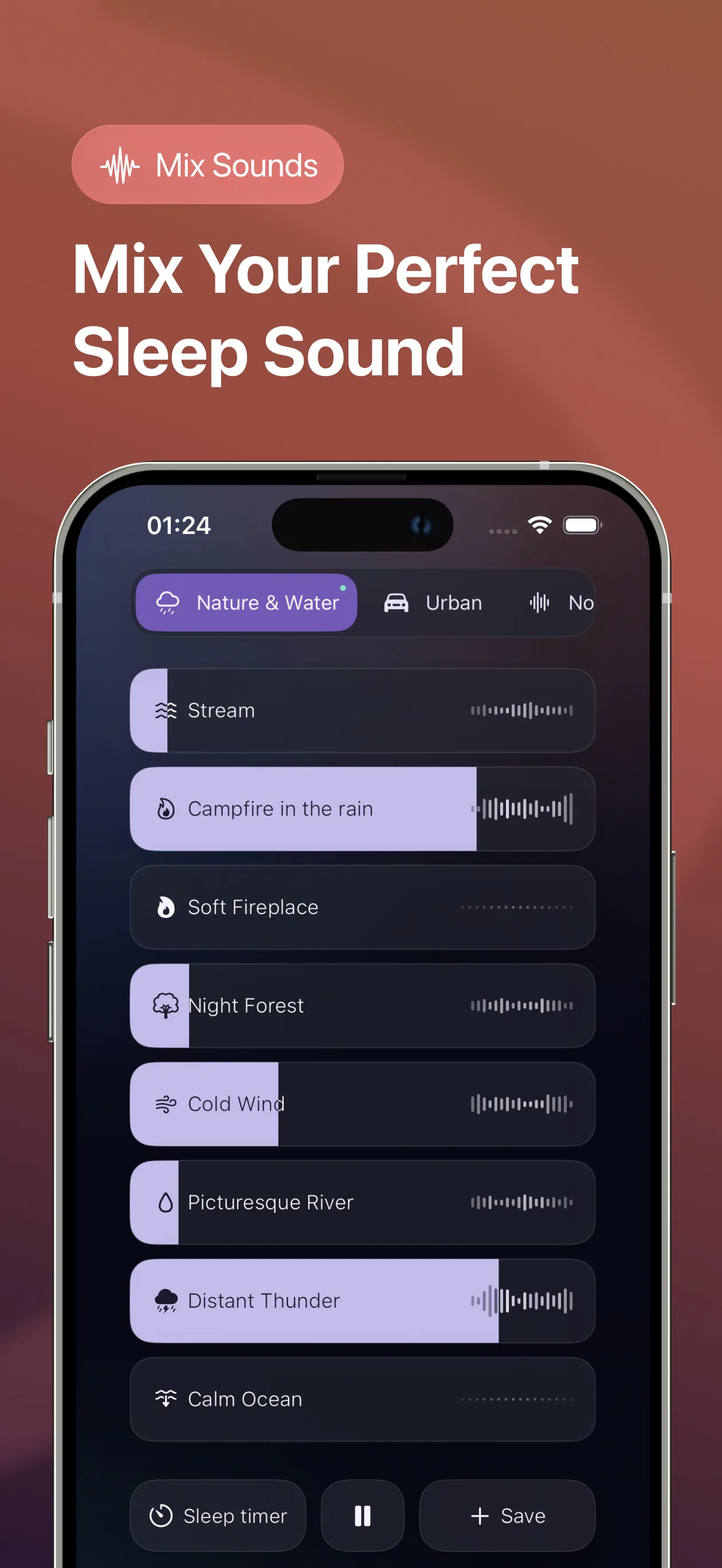 Hush mixer screen for combining multiple sleep sounds
